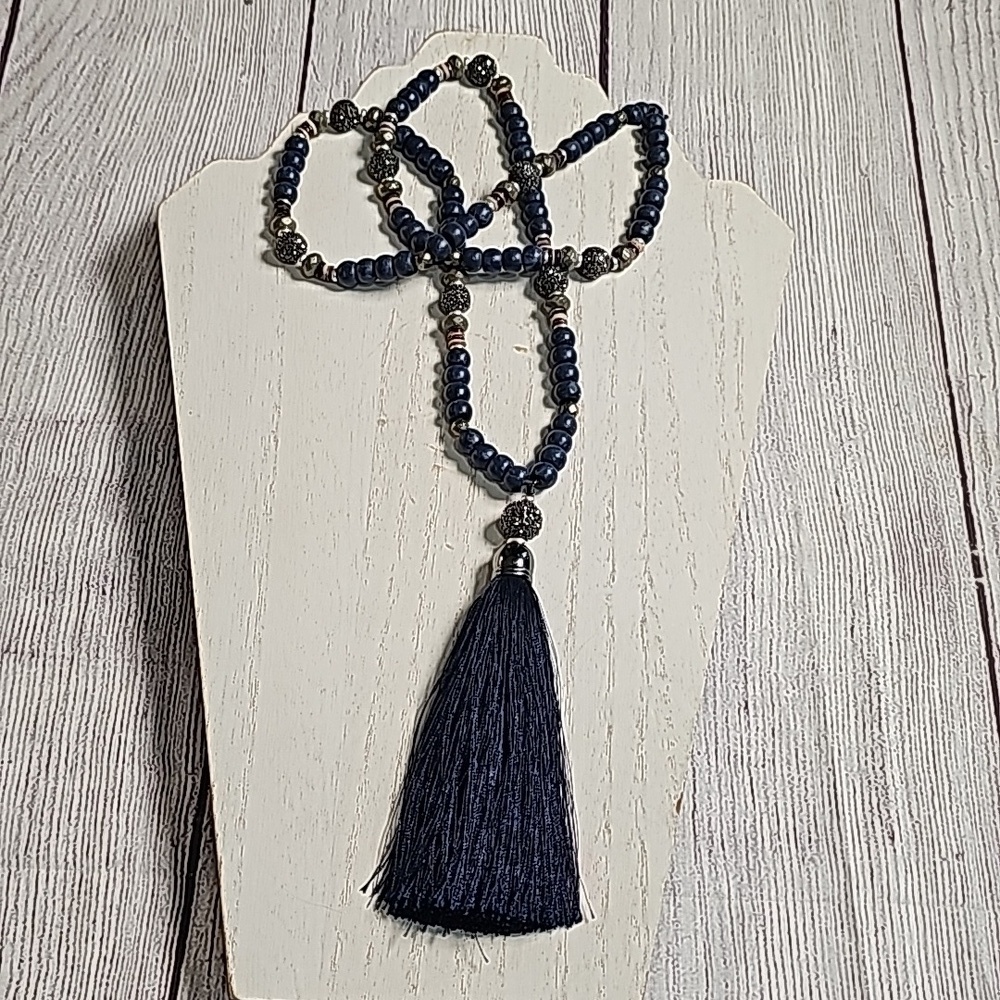 Stella & Dot blue beaded fringe necklace, long necklace